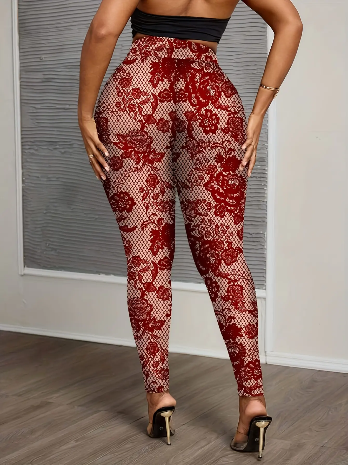 Women’s Red Lace-Look Print High-Waist Leggings gallery view