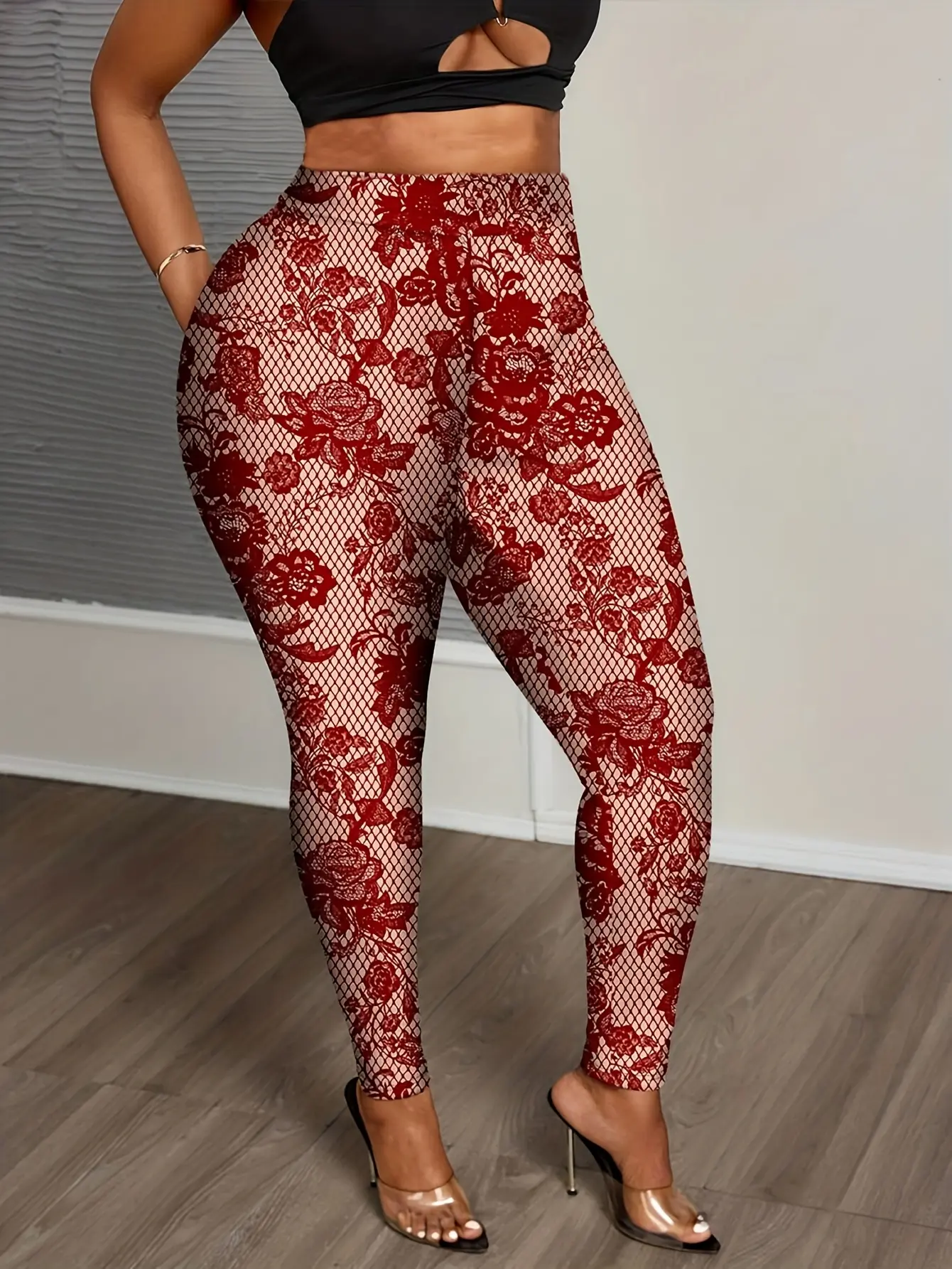 Women’s Red Lace-Look Print High-Waist Leggings gallery view