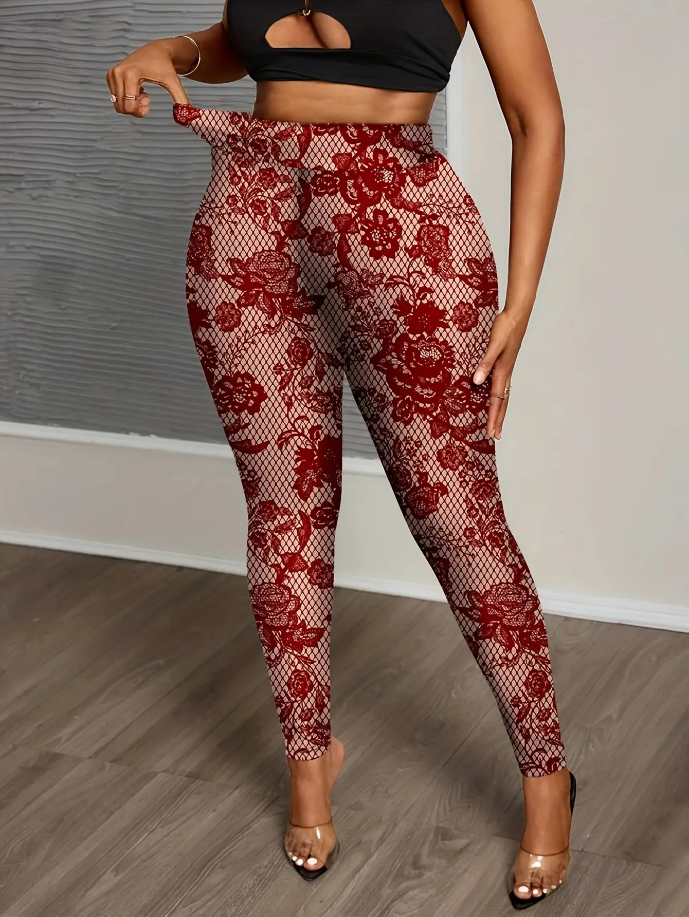 Women’s Red Lace-Look Print High-Waist Leggings gallery view