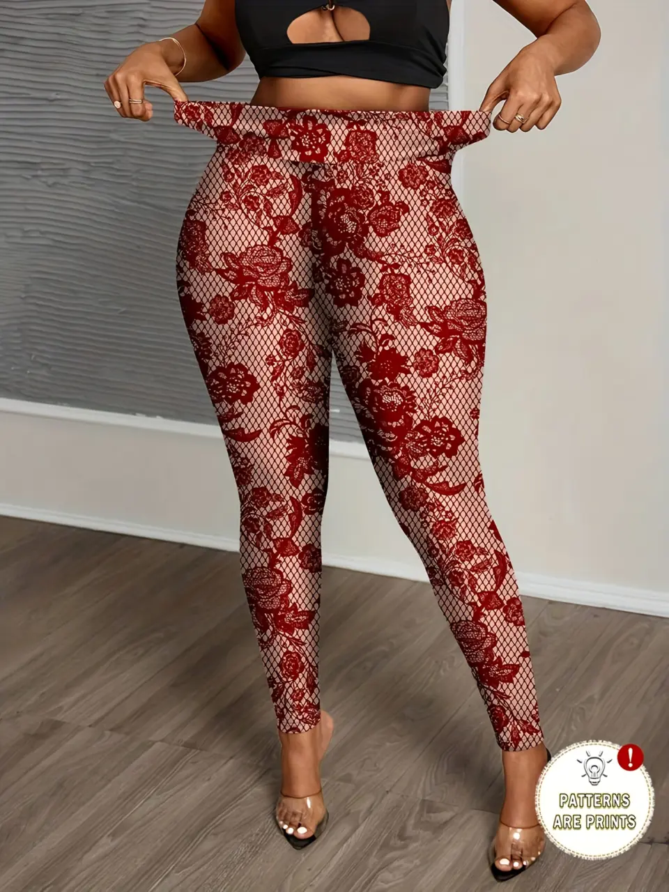 Women's Red Lace-Look Print High-Waist Leggings