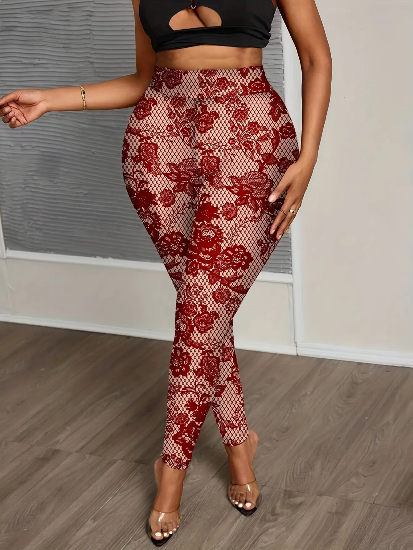 Women’s Red Lace-Look Print High-Waist Leggings gallery view