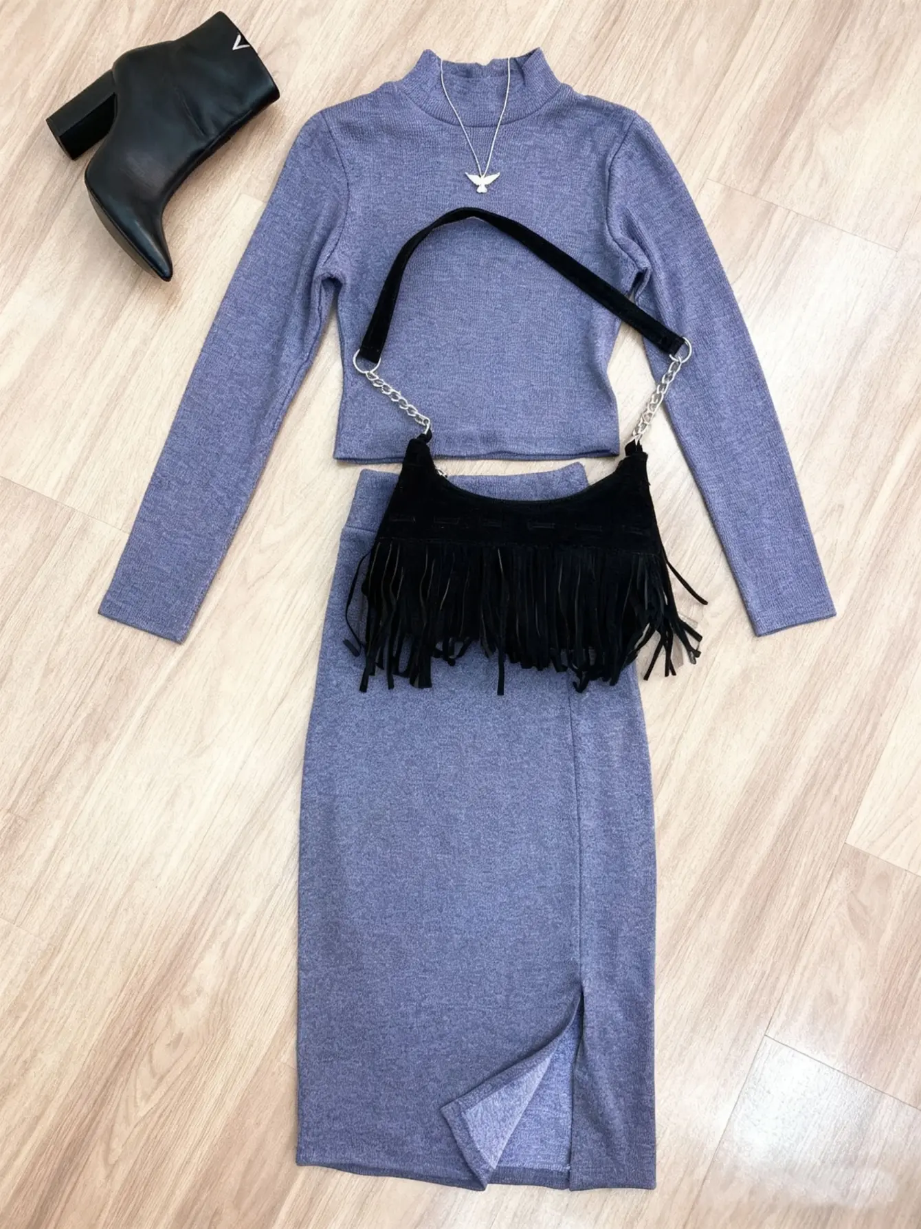 Women’s Mock-Neck Crop Top and Slit Bodycon Skirt Set gallery view