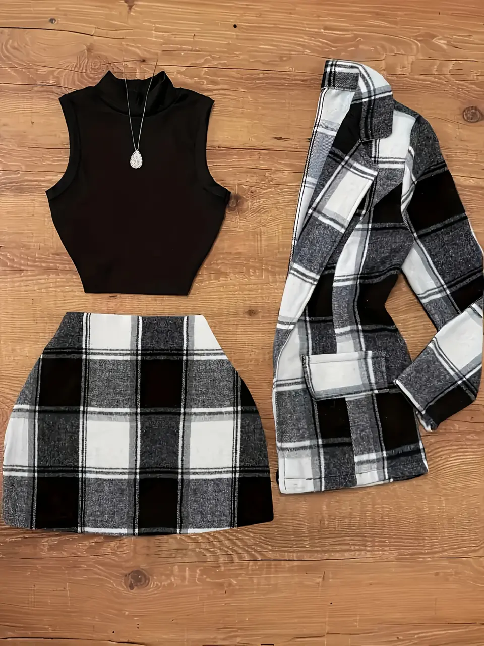 Women's Black and White Check Blazer, Top and Skirt Set