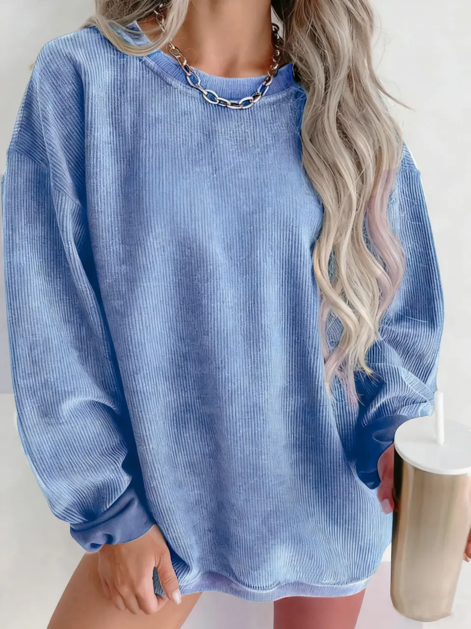 Women's Sky Blue Corduroy-Texture Crewneck Sweatshirt