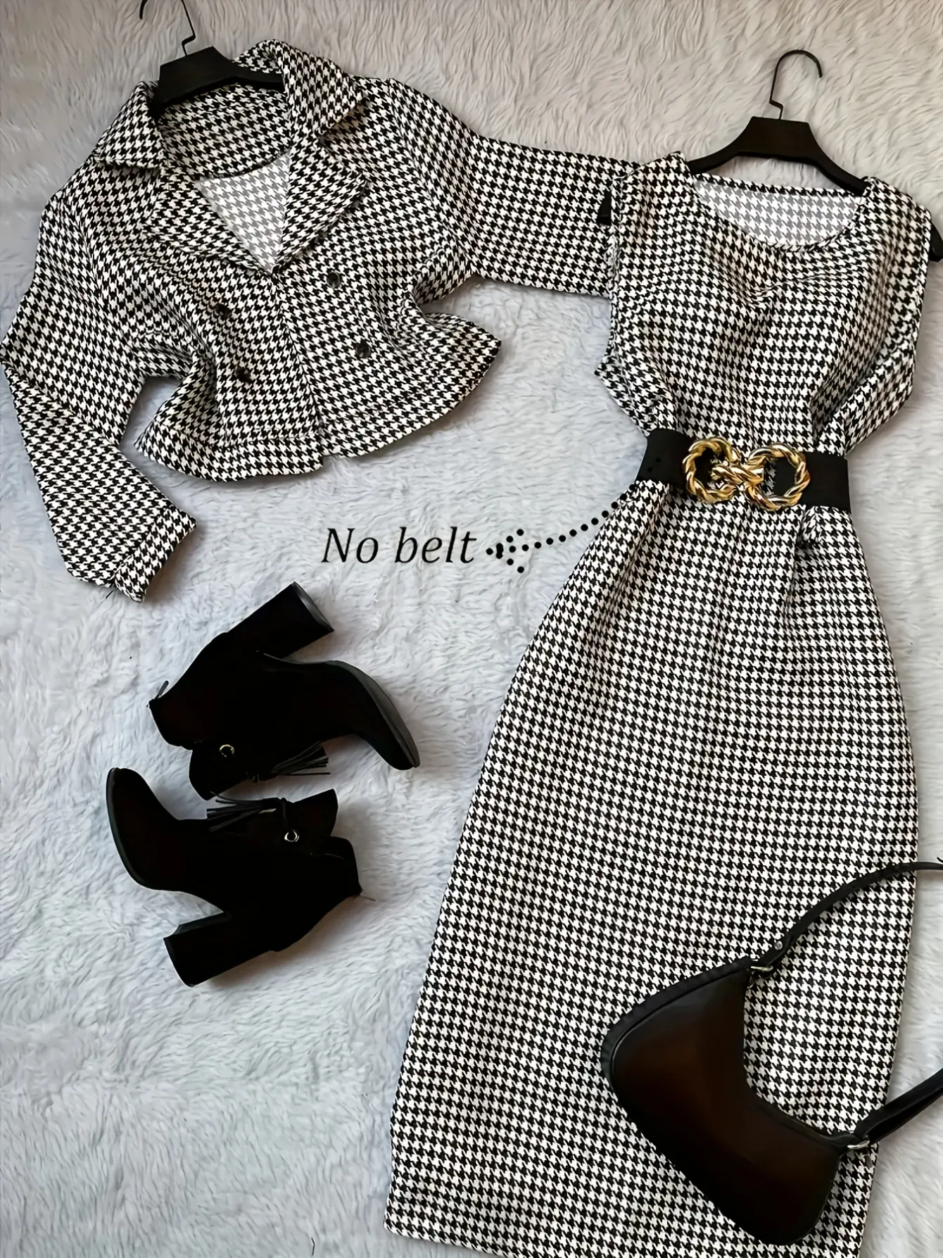Women's Houndstooth Dress and Button Cardigan Set
