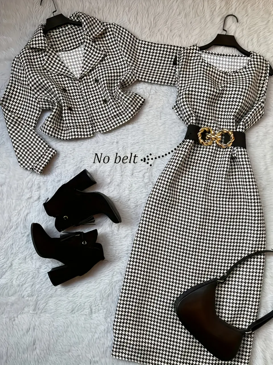 Women's Houndstooth Dress and Button Cardigan Set