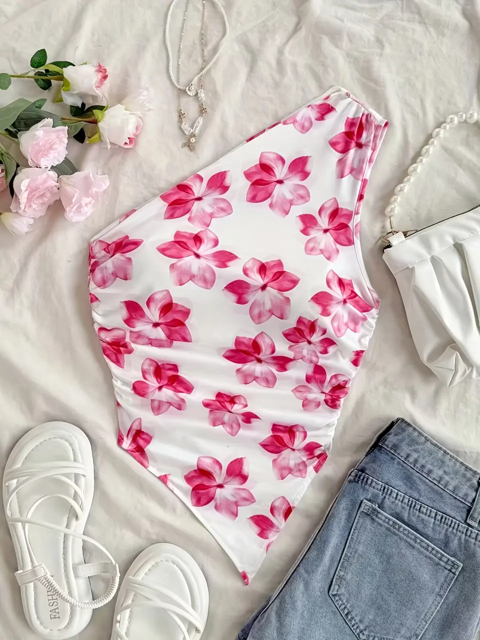 Women's Fuchsia Floral One-Shoulder Asymmetric Top