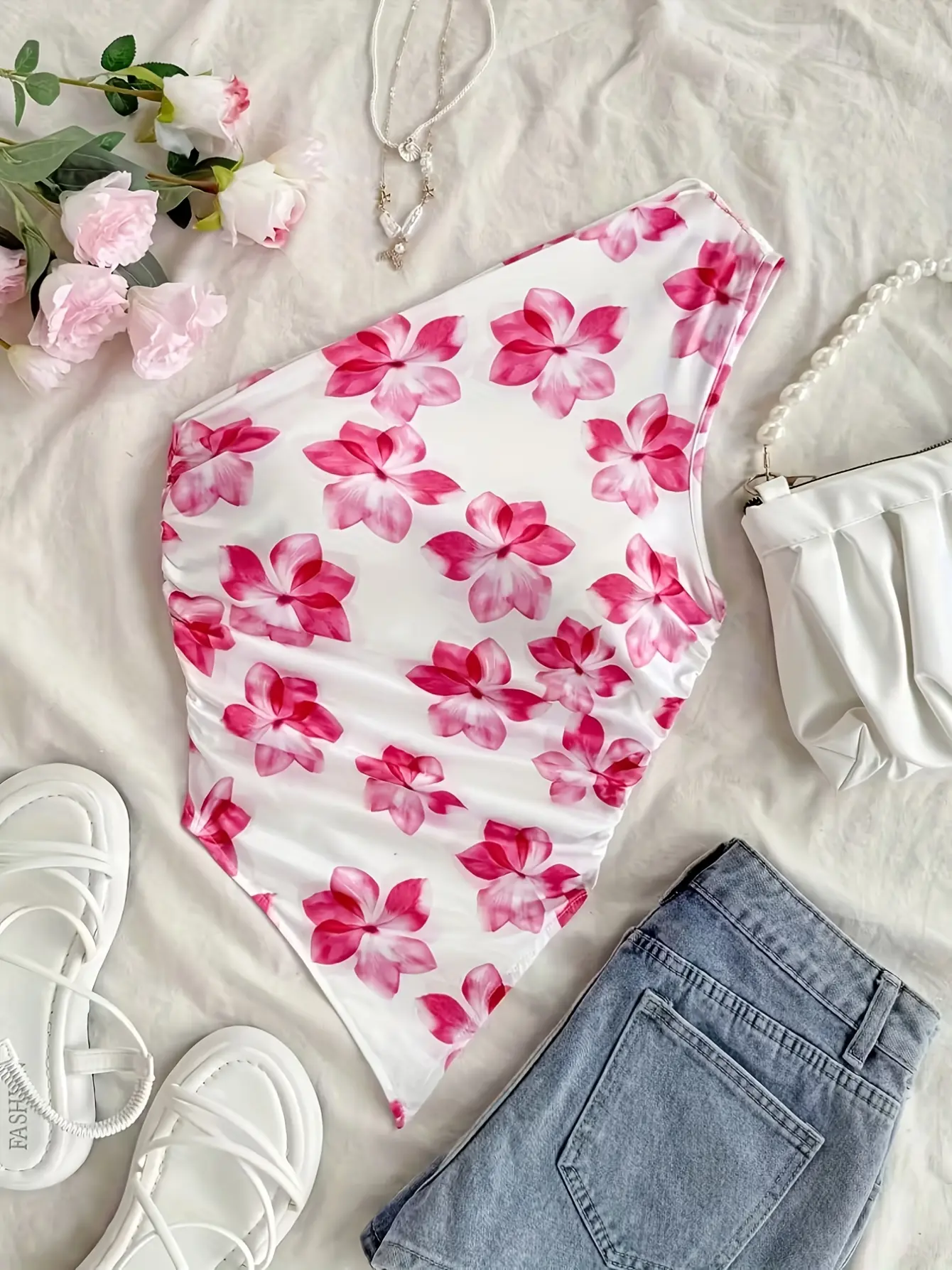 Women’s Fuchsia Floral One-Shoulder Asymmetric Top gallery view