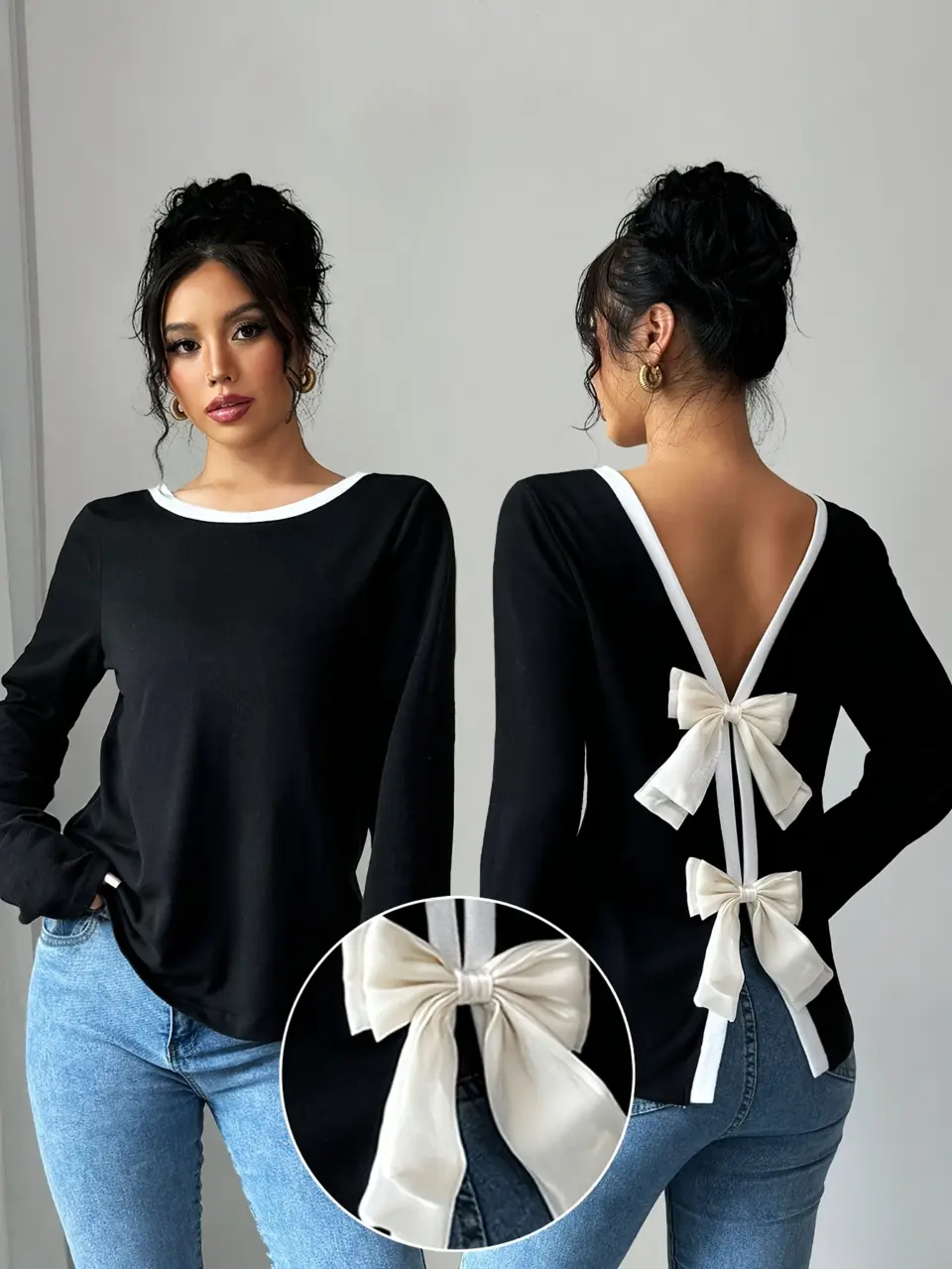 Women's Bow Detail Long-Sleeve Crewneck Top