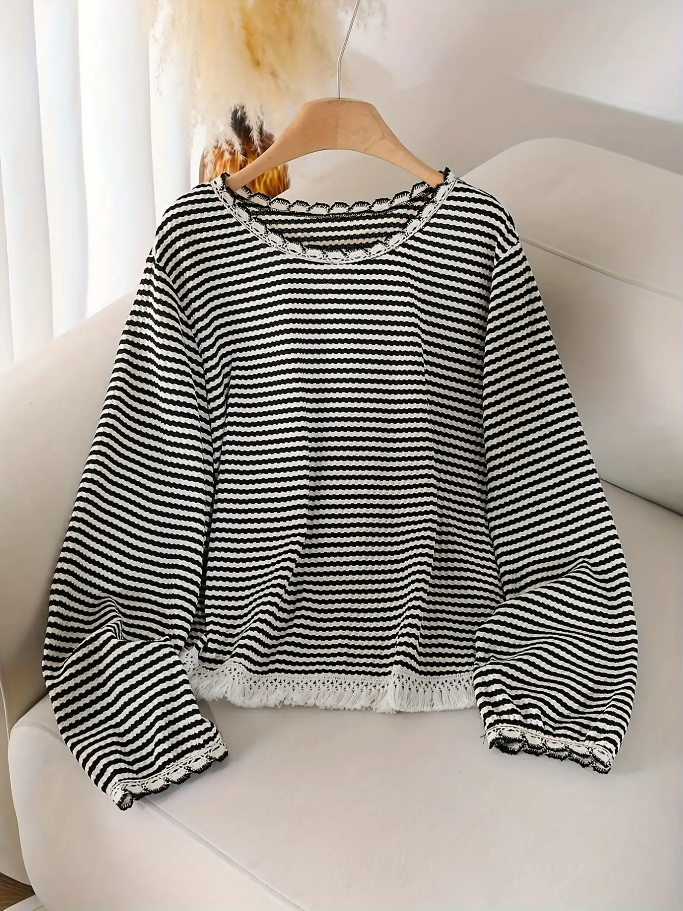 Women’s Black and White Striped Fringe Sweater gallery view