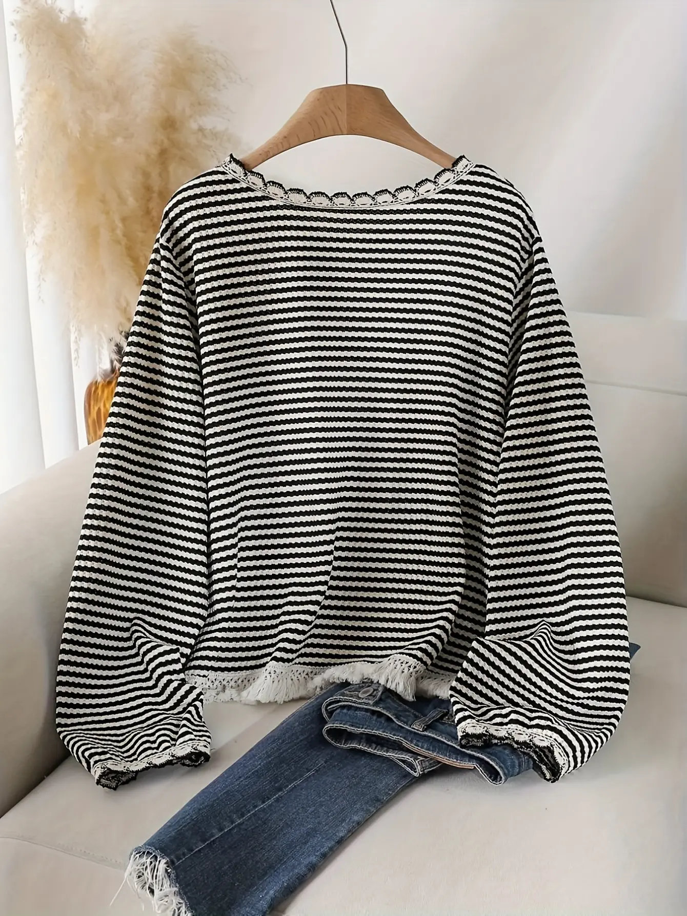Women’s Black and White Striped Fringe Sweater gallery view