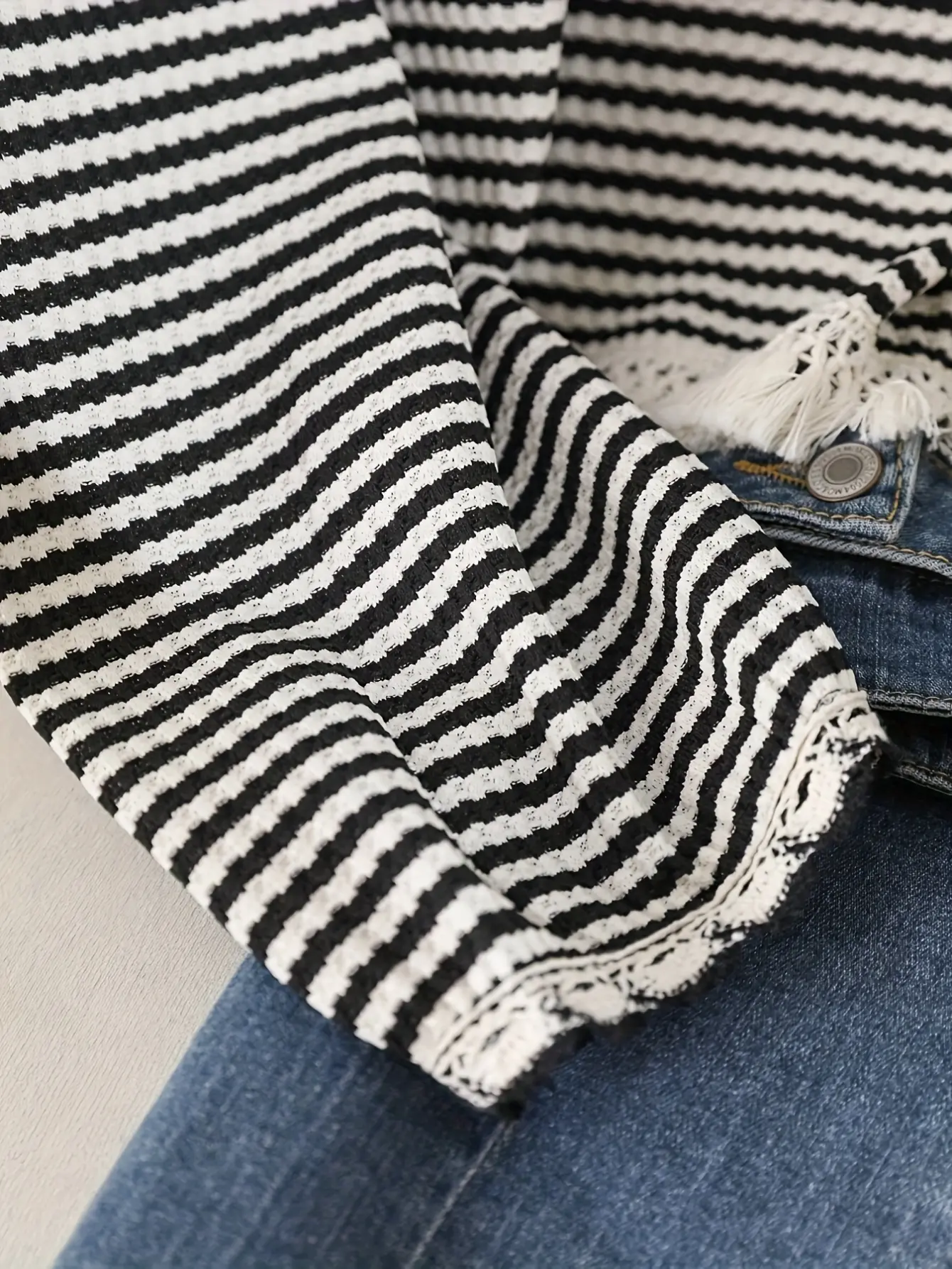 Women’s Black and White Striped Fringe Sweater gallery view