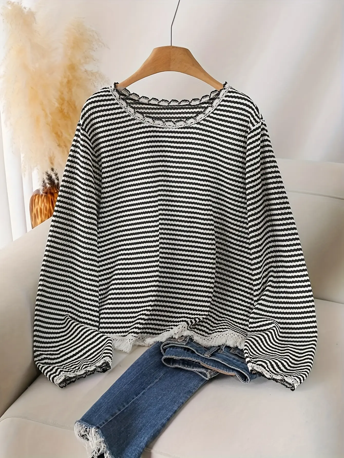 Women’s Black and White Striped Fringe Sweater gallery view