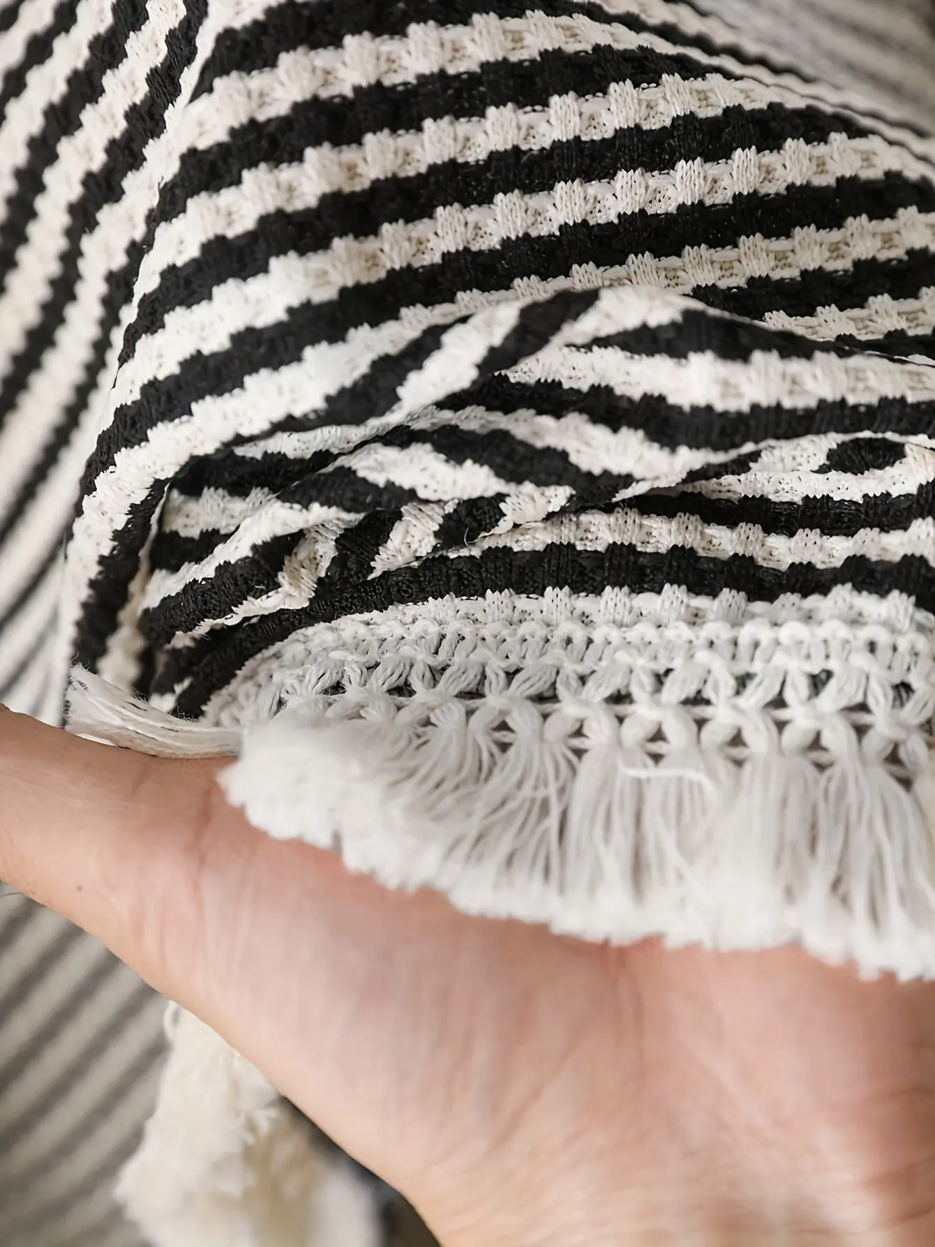 Women’s Black and White Striped Fringe Sweater gallery view