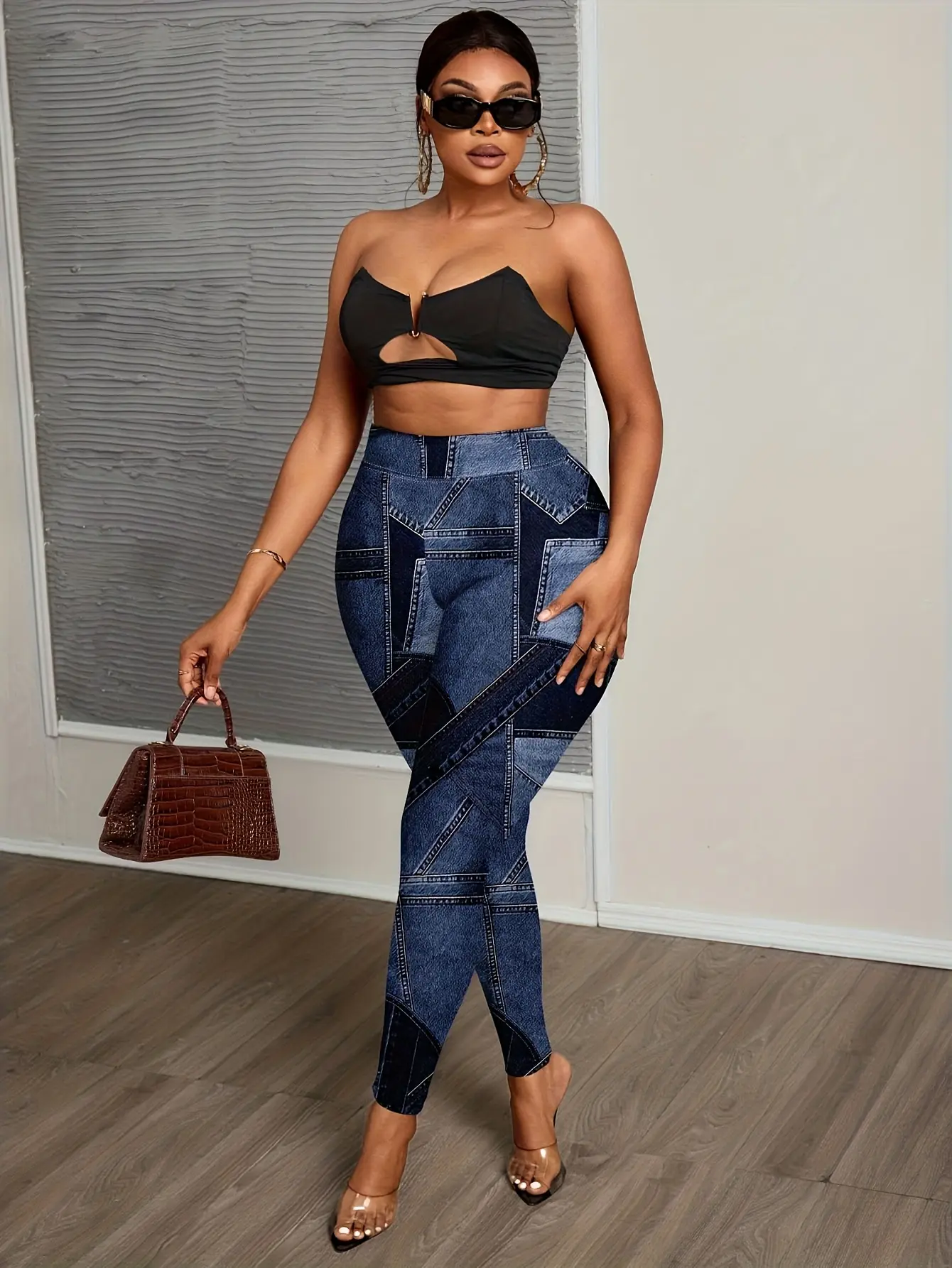 Women’s Patchwork Faux Denim Print Stretch Leggings gallery view