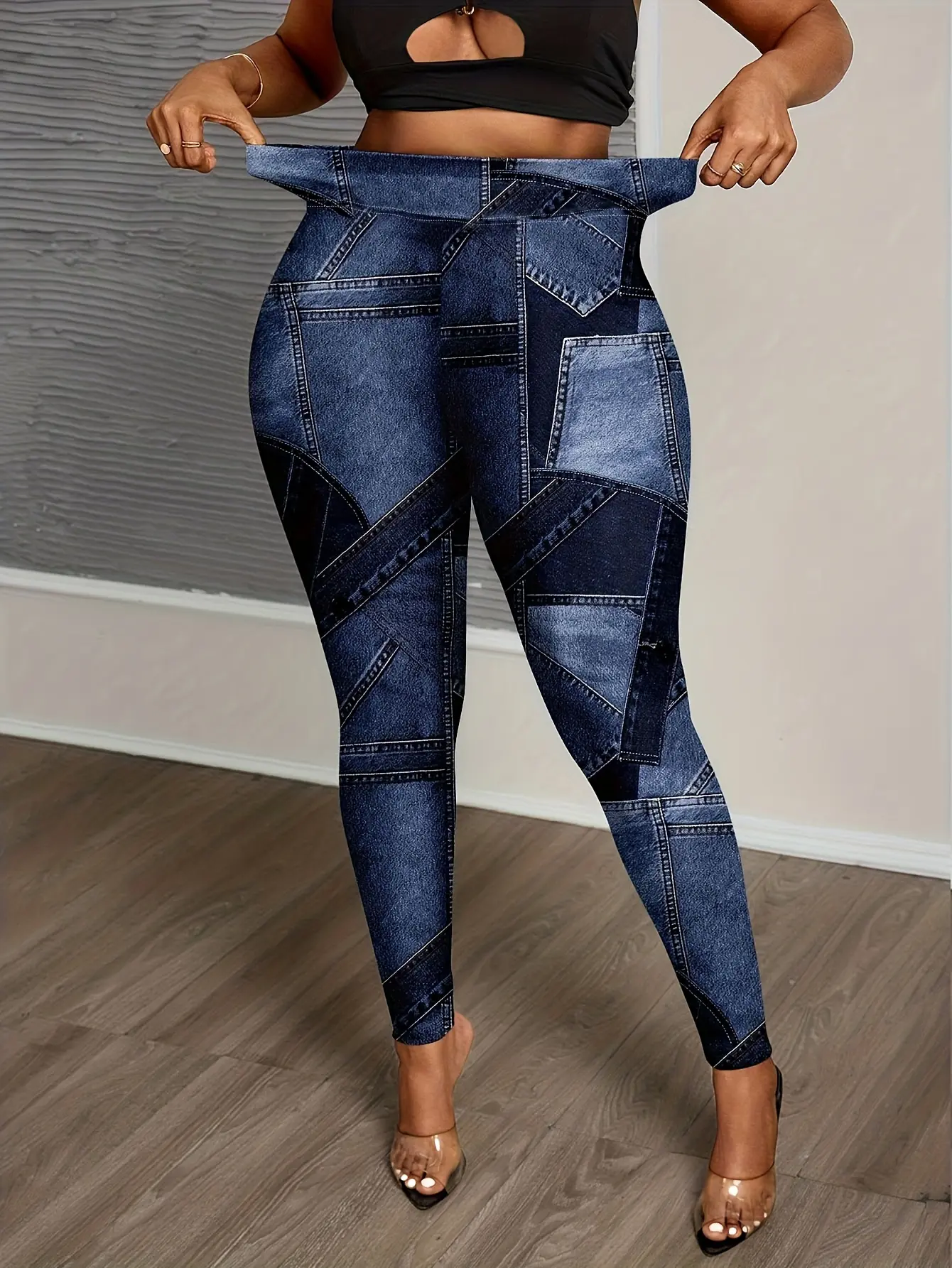Women's Patchwork Faux Denim Print Stretch Leggings