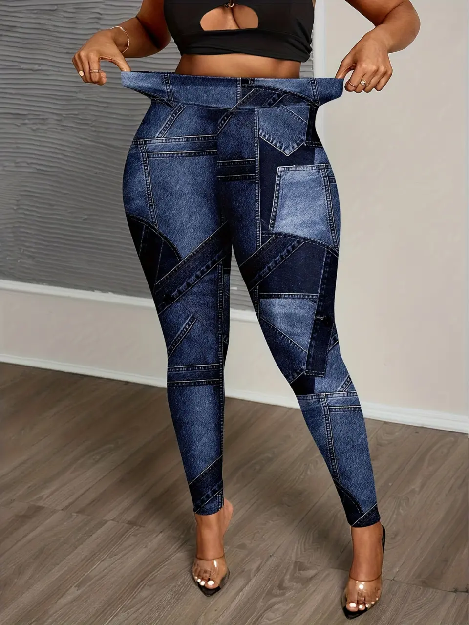 Women's Patchwork Faux Denim Print Stretch Leggings