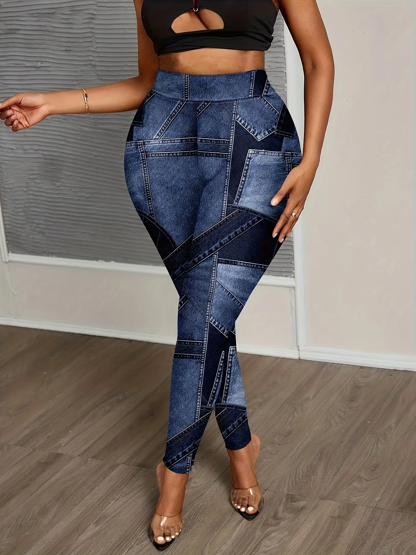 Women’s Patchwork Faux Denim Print Stretch Leggings gallery view