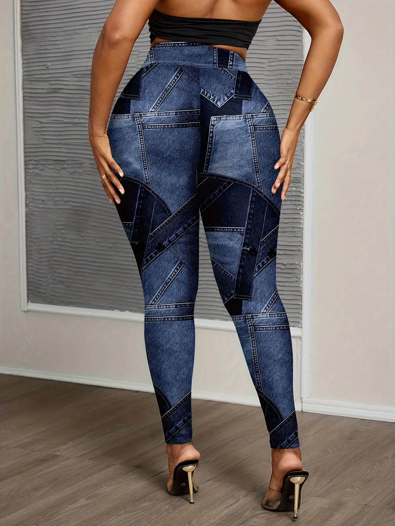 Women’s Patchwork Faux Denim Print Stretch Leggings gallery view