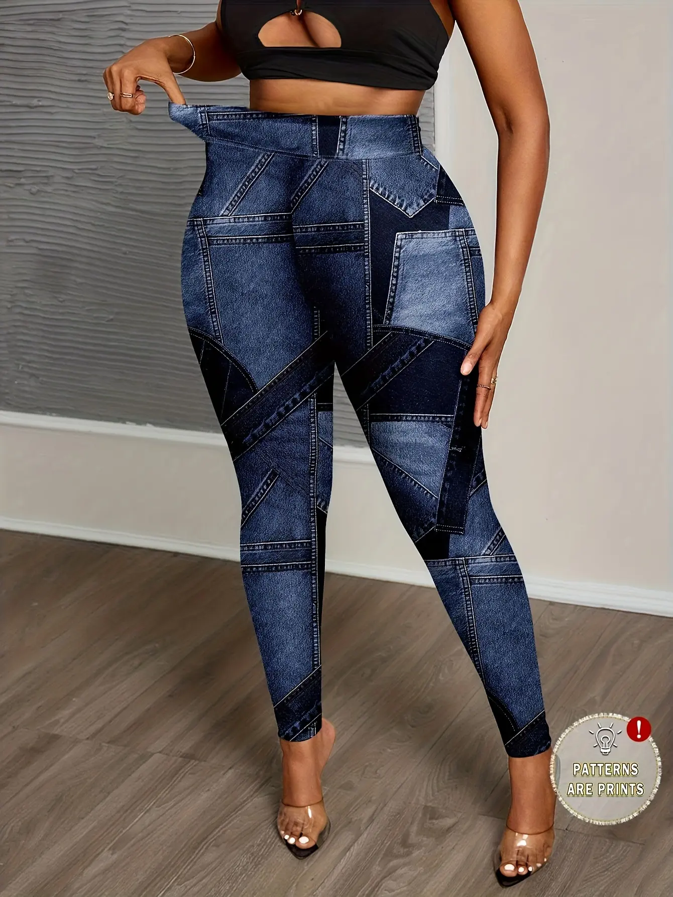 Women’s Patchwork Faux Denim Print Stretch Leggings gallery view
