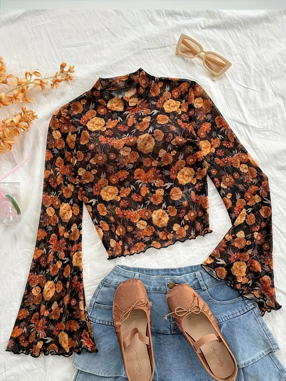 Women's Yellow Floral Mesh Mock-Neck Bell-Sleeve Top