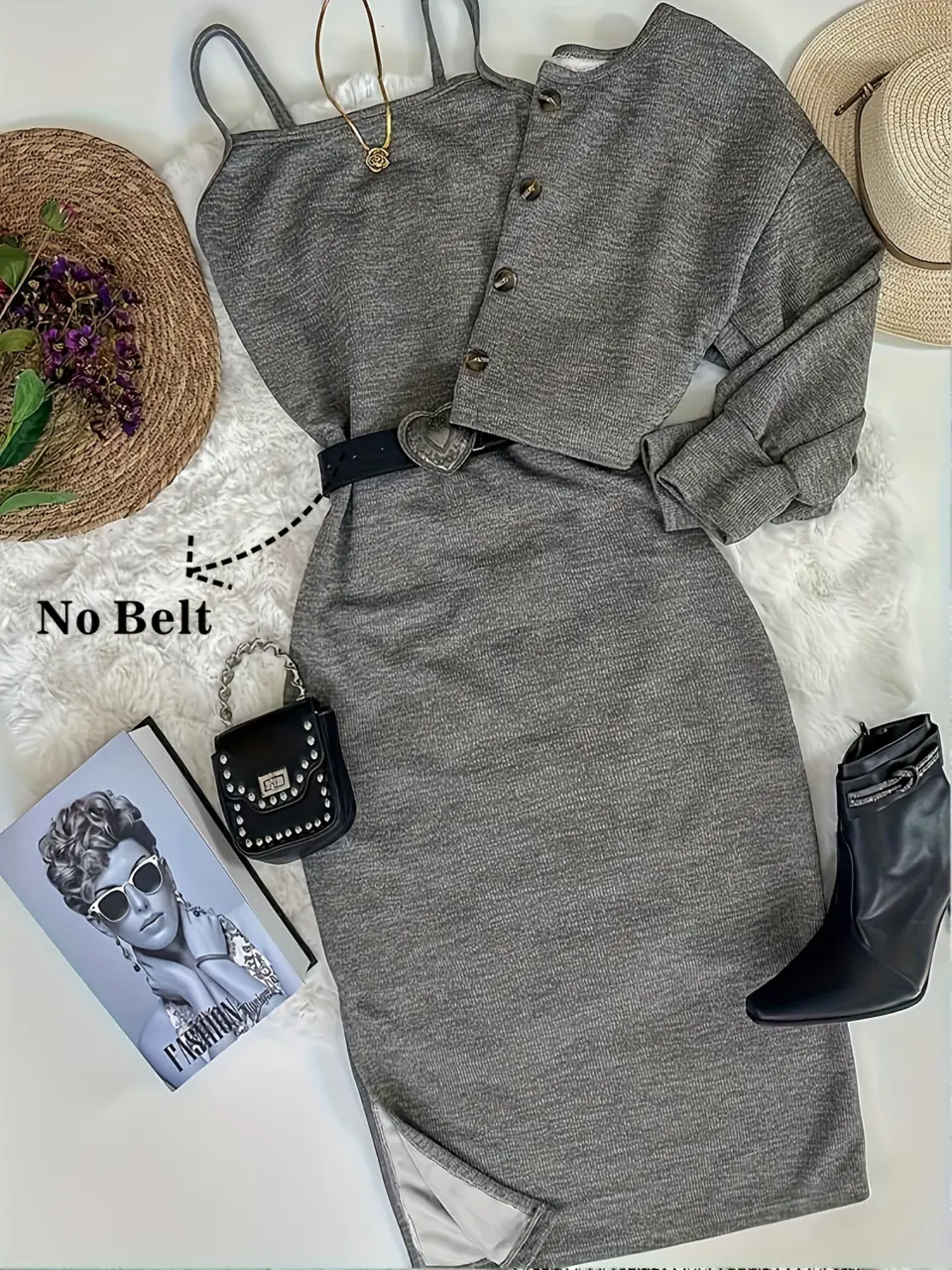 Women's Dark Grey Slip Dress and Button Cardigan Set