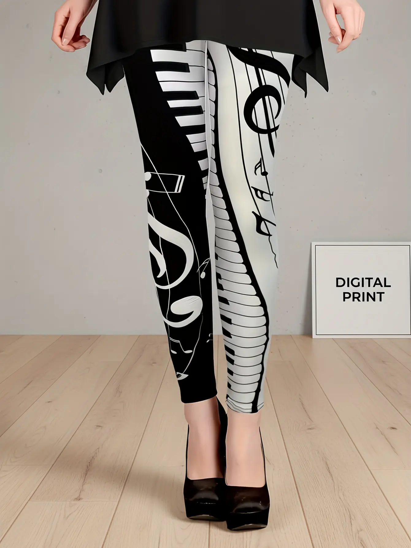 Women’s Music Note Print High-Waist Stretch Leggings gallery view