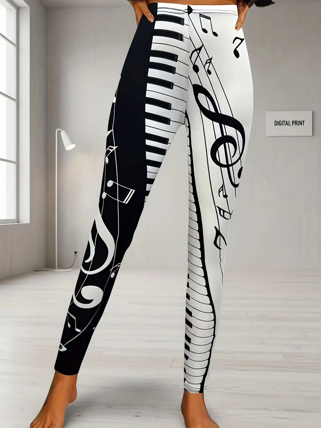 Women's Music Note Print High-Waist Stretch Leggings