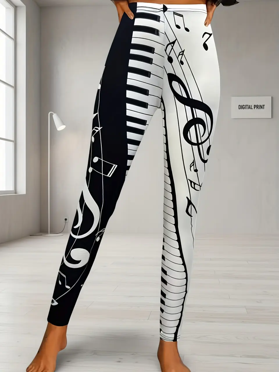Women's Music Note Print High-Waist Stretch Leggings