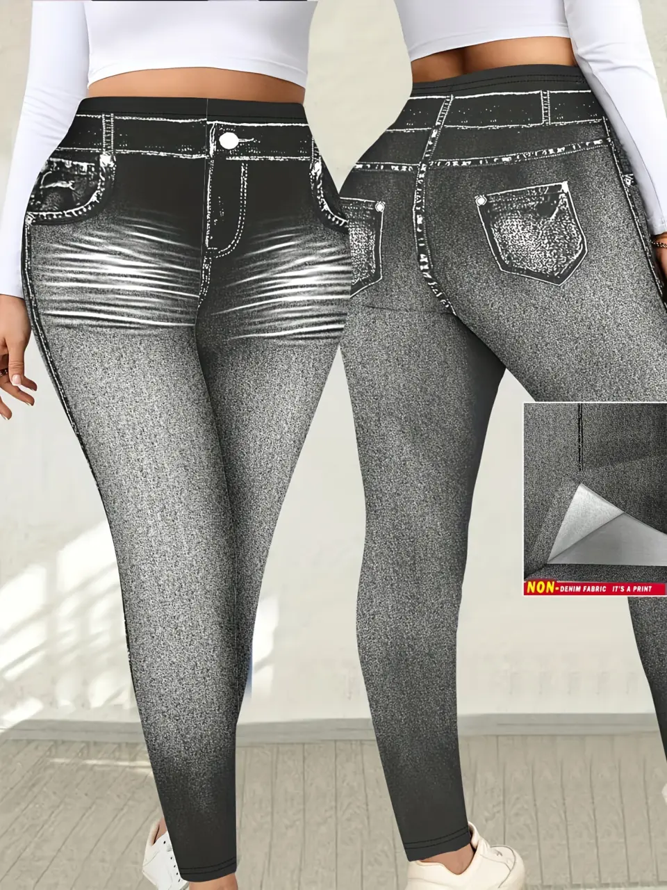Women's Black-Grey Faux Denim Print Pull-On Leggings