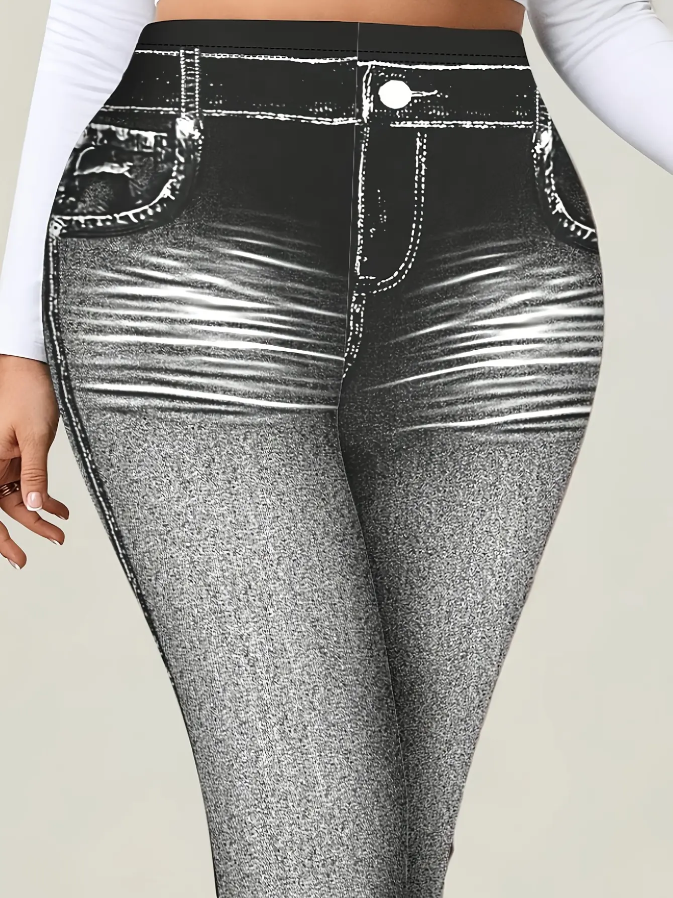 Women’s Black-Grey Faux Denim Print Pull-On Leggings gallery view