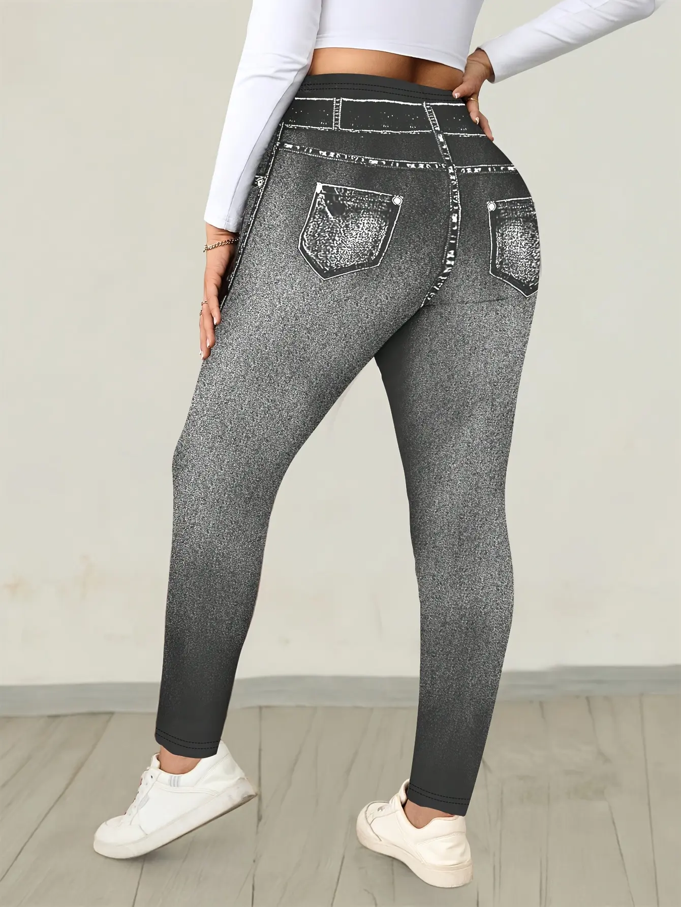 Women’s Black-Grey Faux Denim Print Pull-On Leggings gallery view