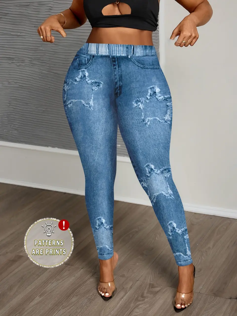 Women's High-Waist Star Print Faux Denim Leggings