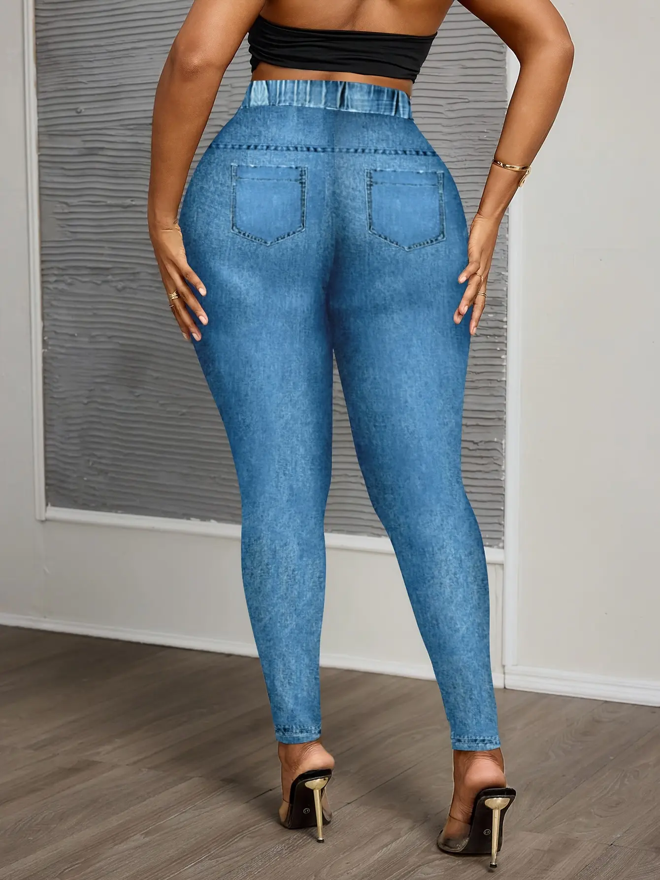 Women’s High-Waist Star Print Faux Denim Leggings gallery view