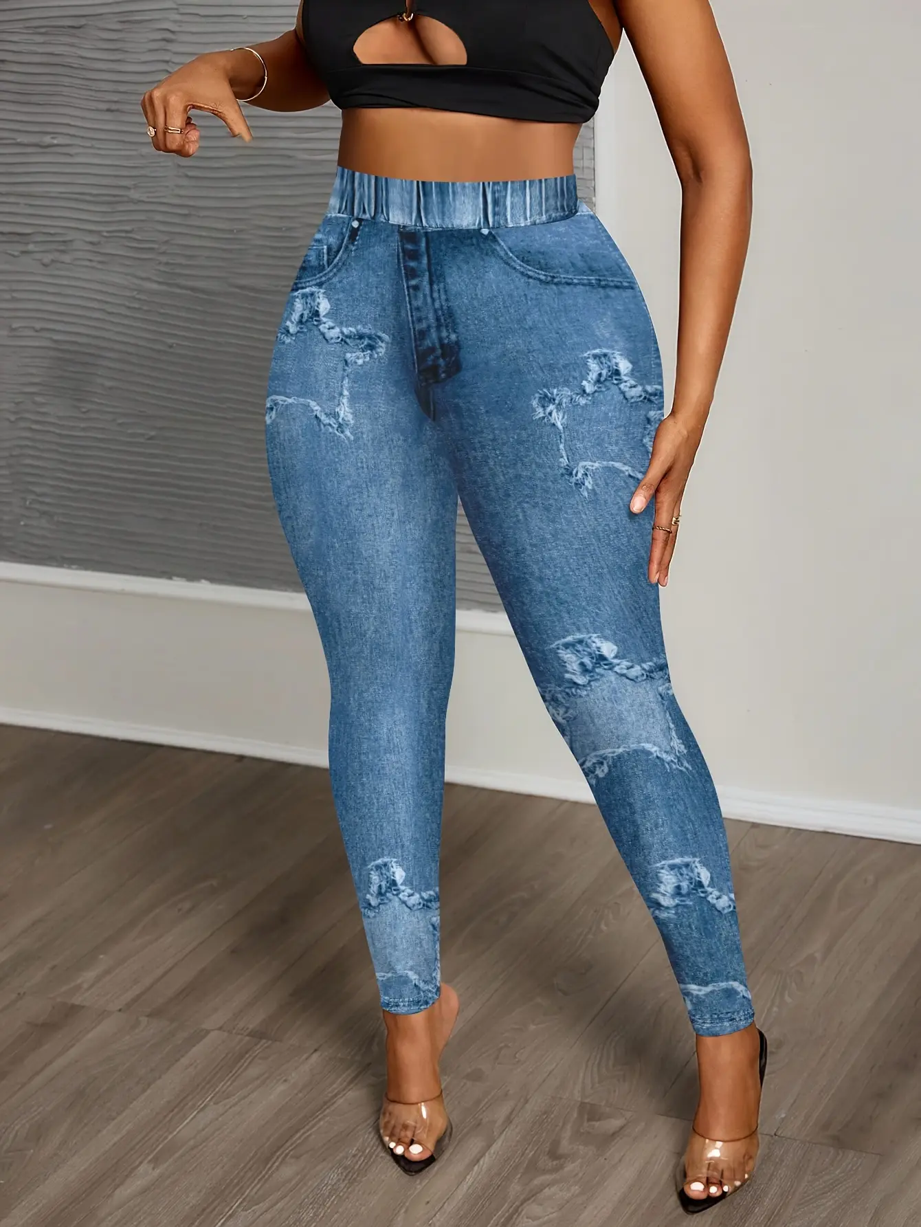 Women’s High-Waist Star Print Faux Denim Leggings gallery view
