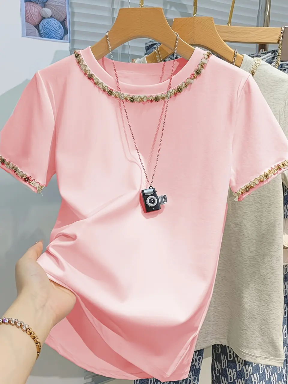 Women's French-Inspired Ribbon Applique Crewneck Tee