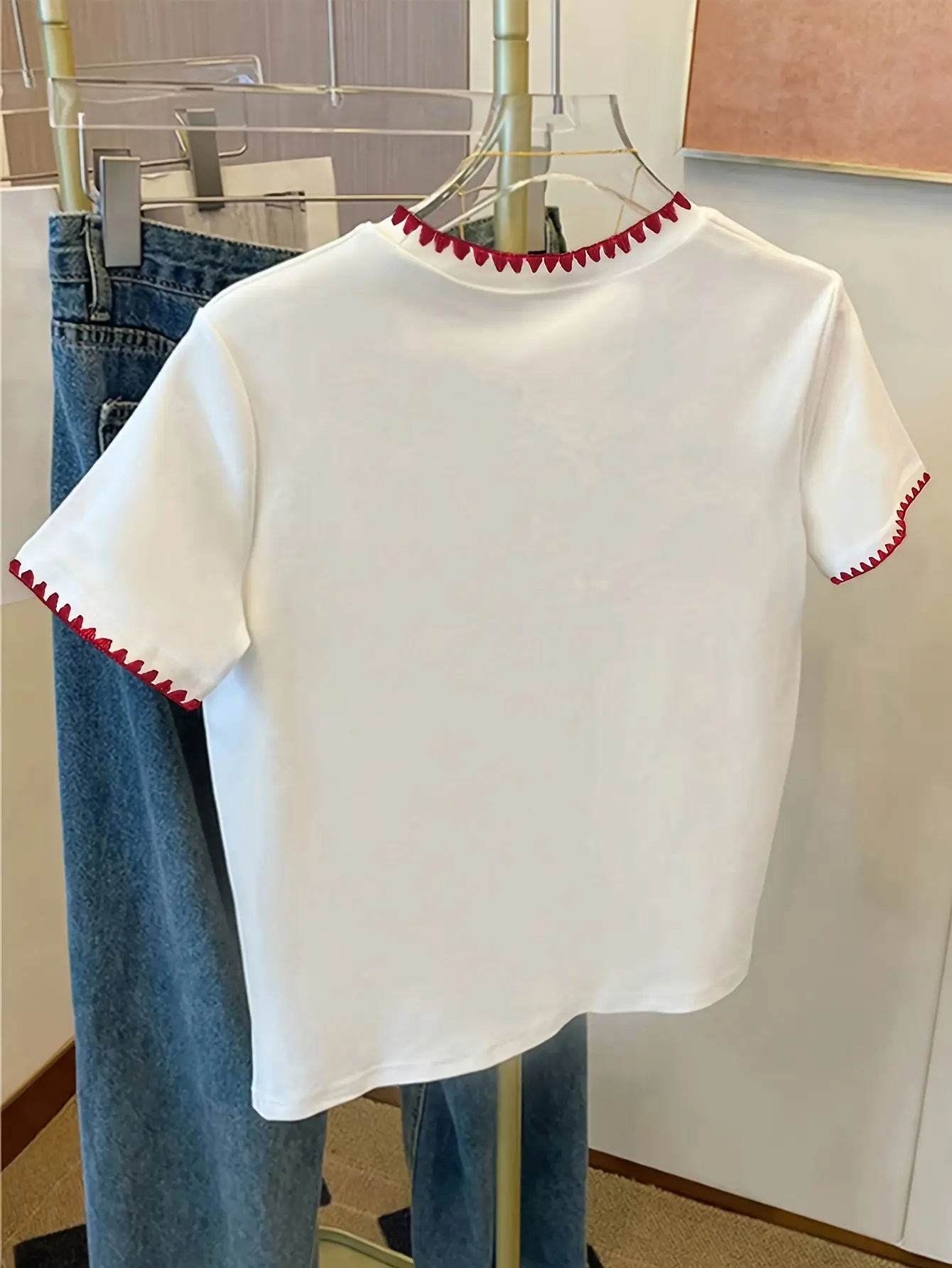 Women’s Heart Detail Crew Neck T-Shirt with Decorative Trim gallery view