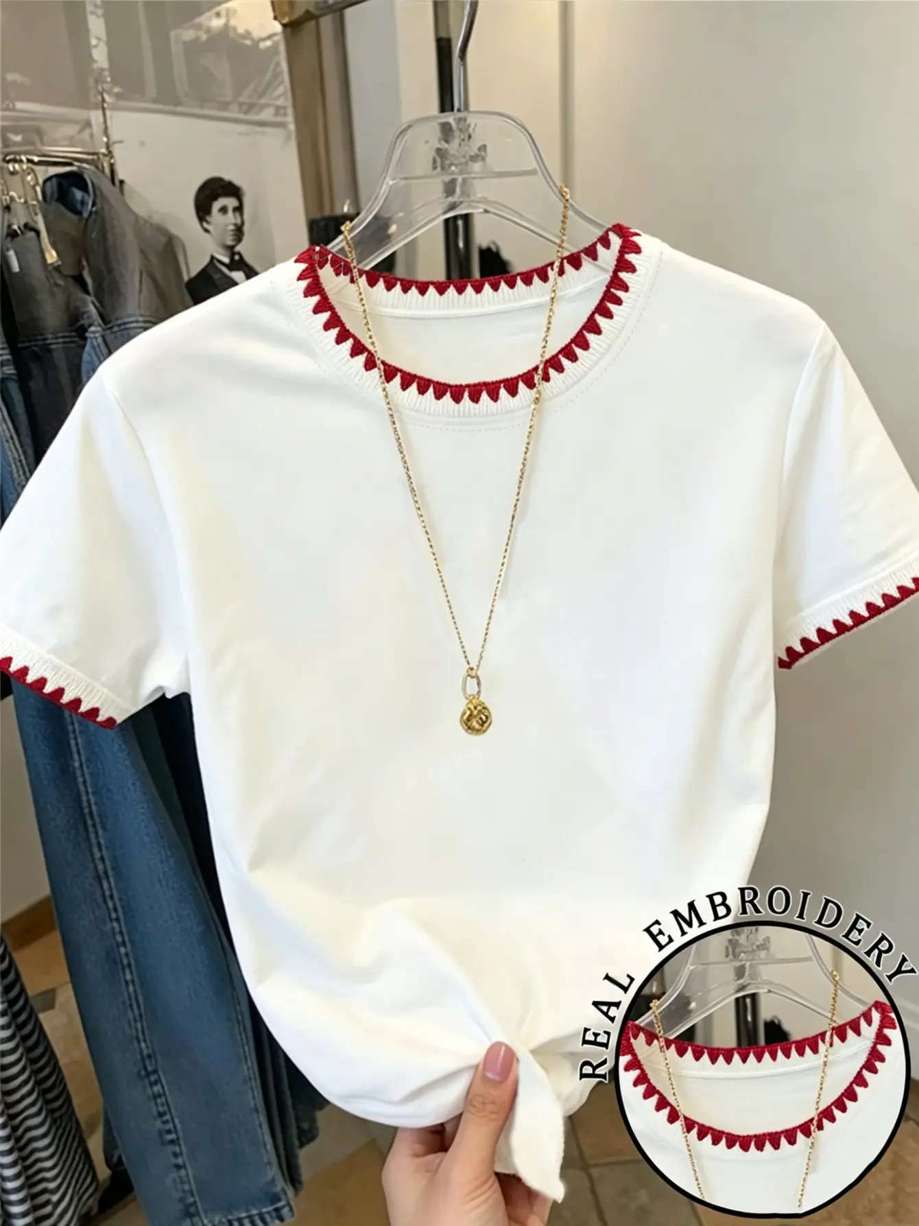 Women's Heart Detail Crew Neck T-Shirt with Decorative Trim