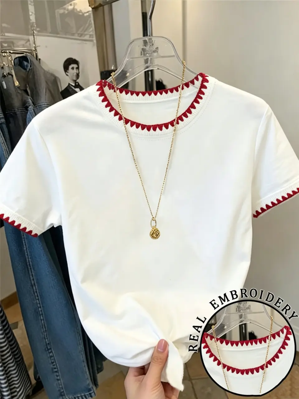 Women's Heart Detail Crew Neck T-Shirt with Decorative Trim
