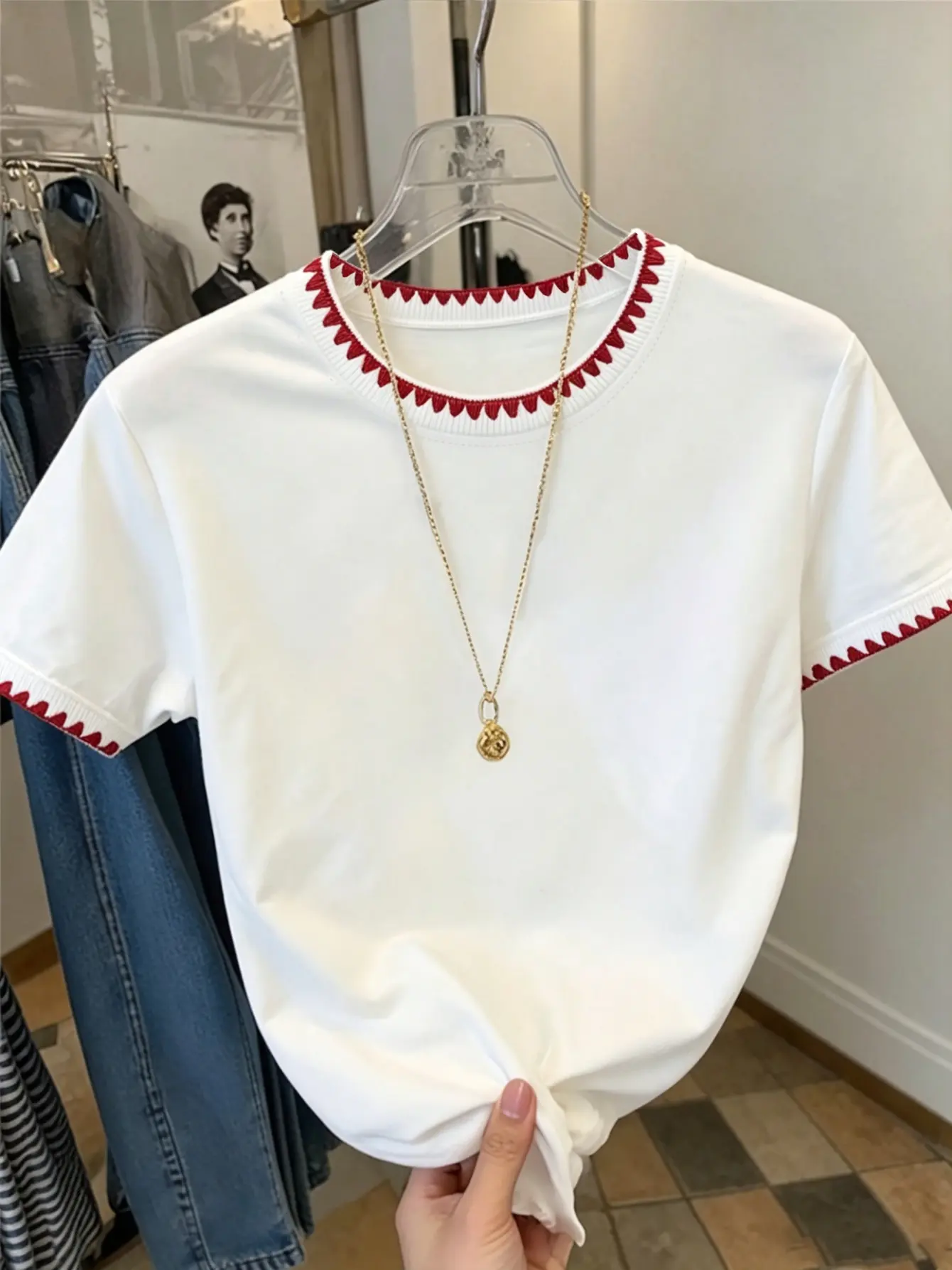 Women’s Heart Detail Crew Neck T-Shirt with Decorative Trim gallery view