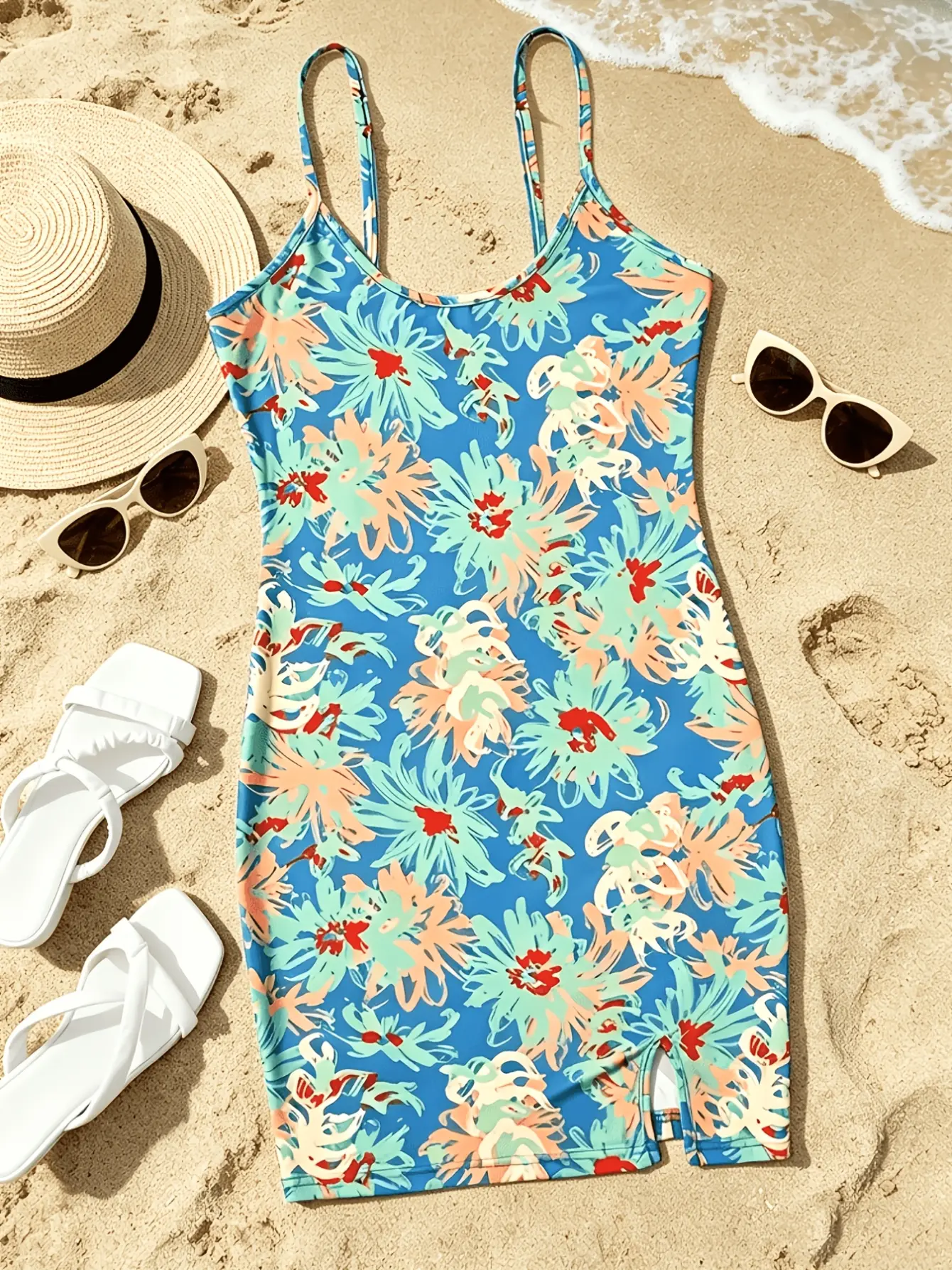 Women’s Blue Floral Spaghetti Strap Mini Dress gallery view