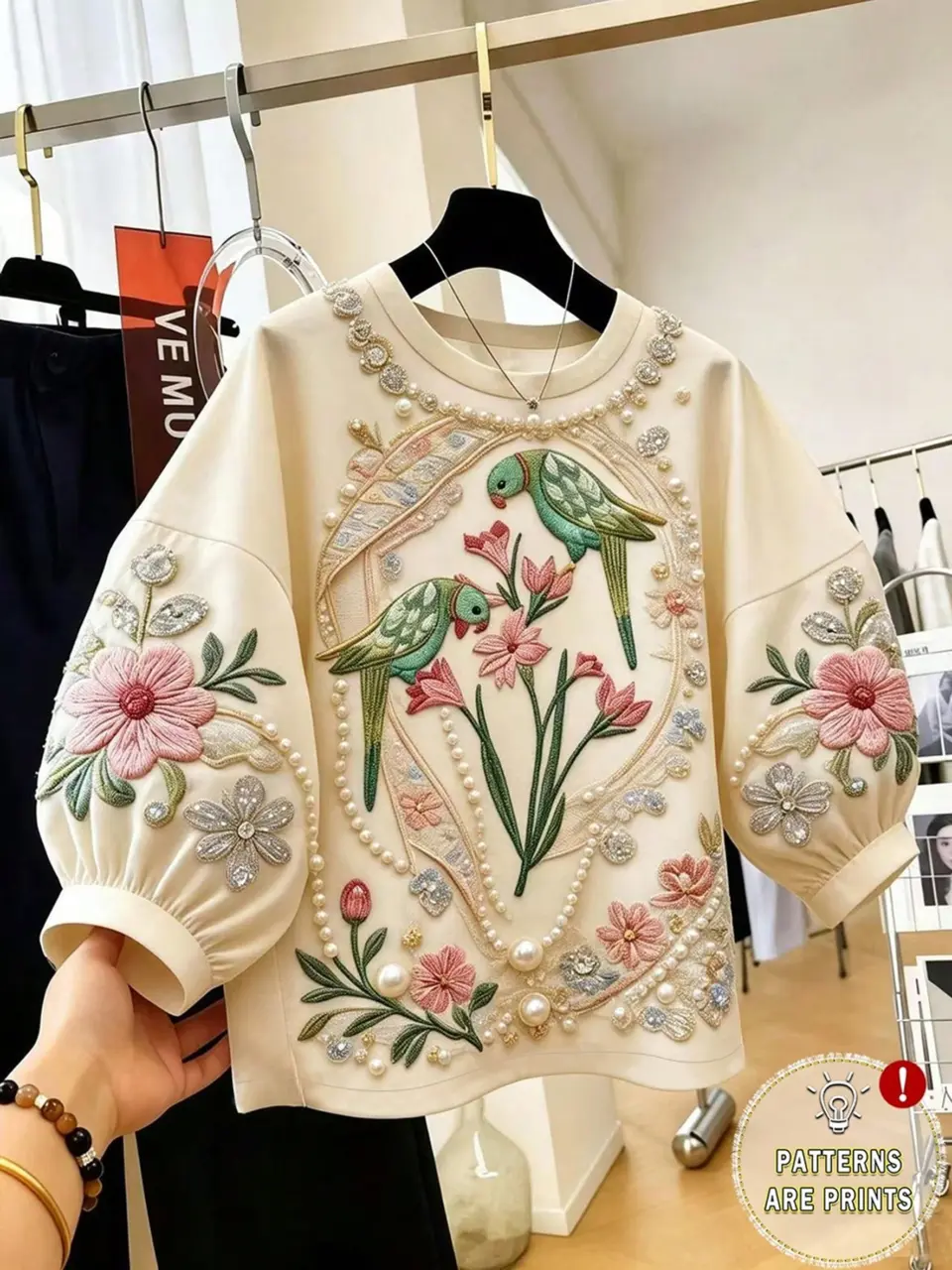 Women's Vintage Bird and Floral Petal Sleeve Top