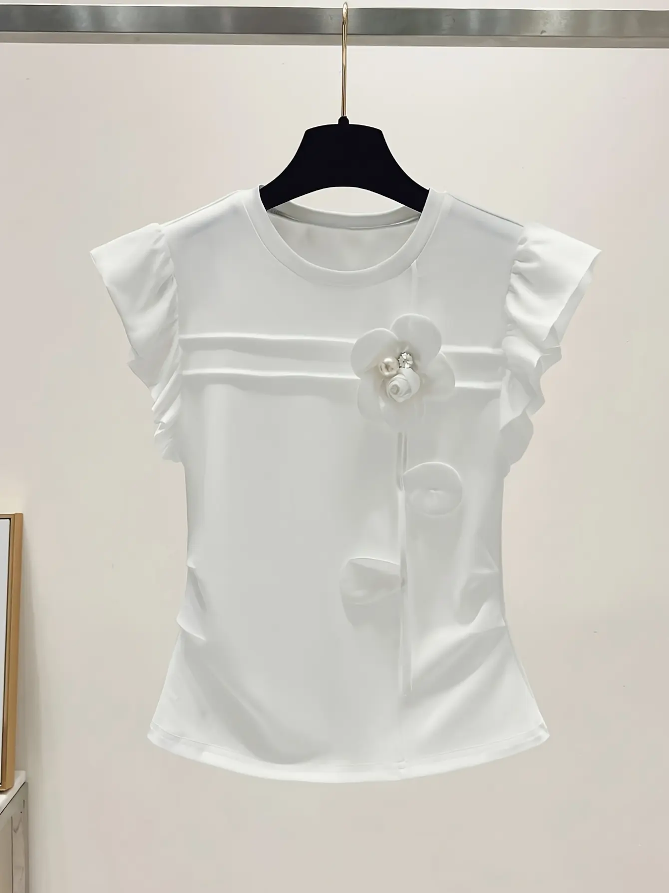 Women’s 3D Floral Appliqué Petal Sleeve Top gallery view