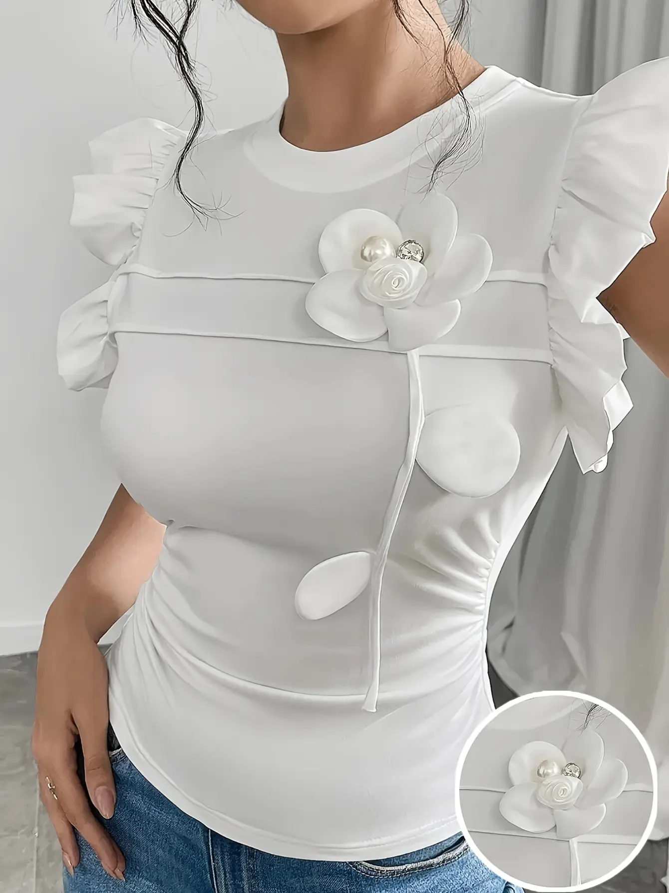 Women's 3D Floral Appliqué Petal Sleeve Top