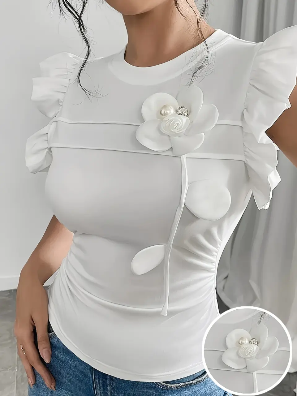 Women's 3D Floral Appliqué Petal Sleeve Top