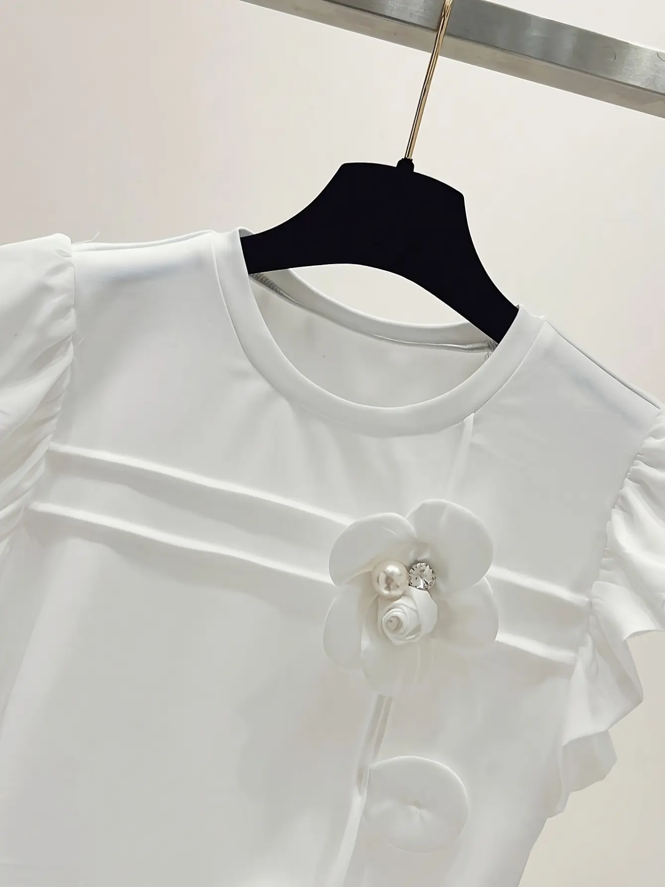 Women’s 3D Floral Appliqué Petal Sleeve Top gallery view