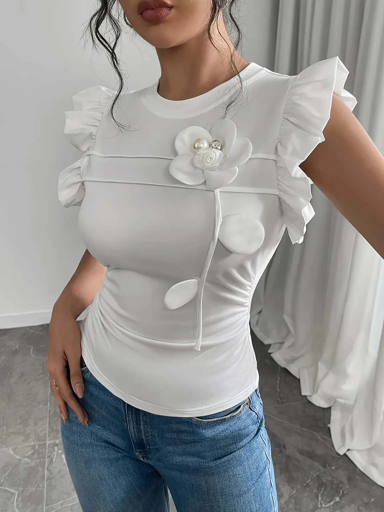Women’s 3D Floral Appliqué Petal Sleeve Top gallery view