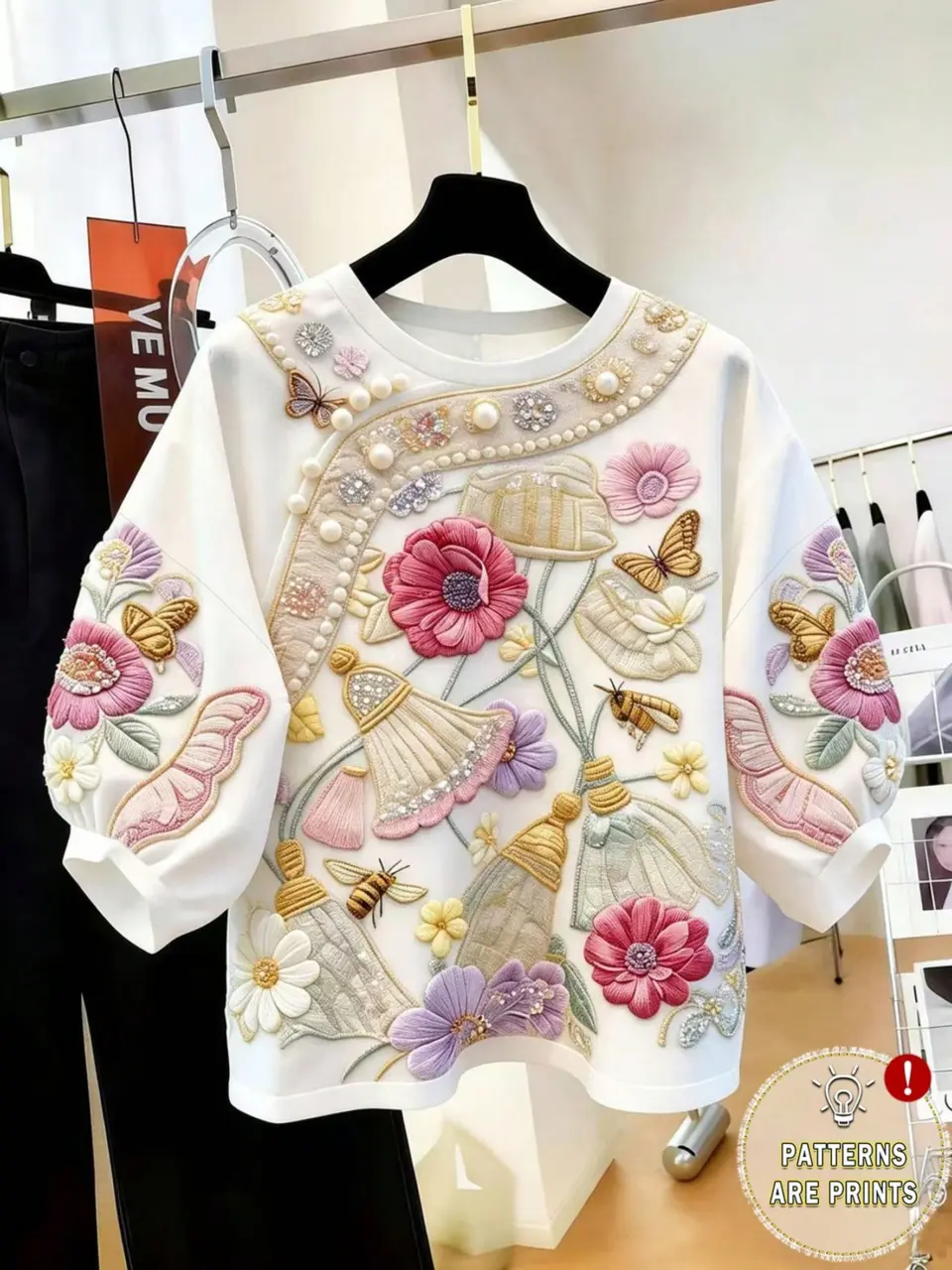 Women's Boho Floral Petal Sleeve Crew Neck Top