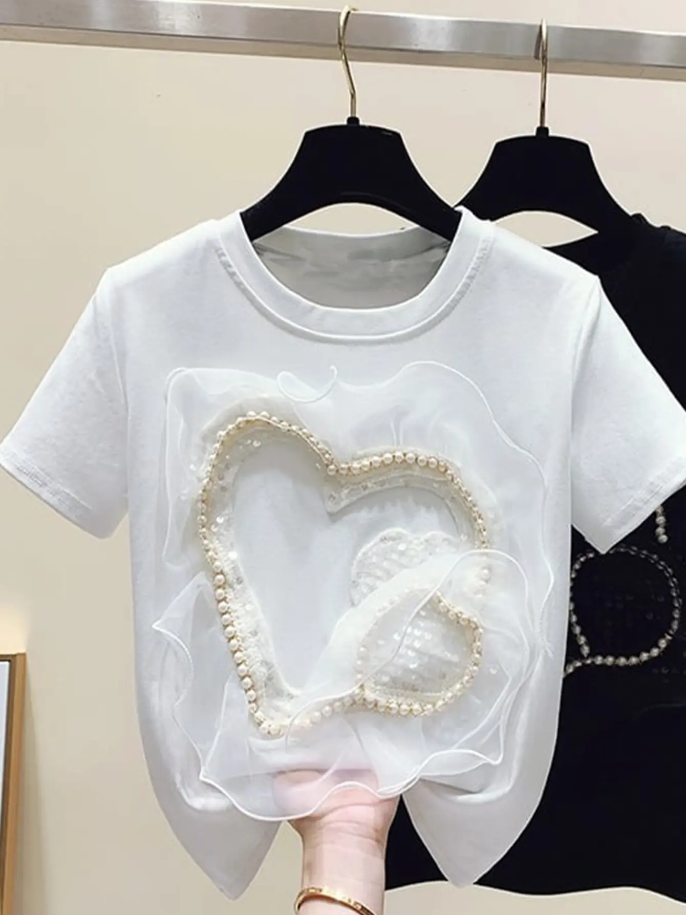 Women’s White 3D Beaded Heart Appliqué T-Shirt gallery view