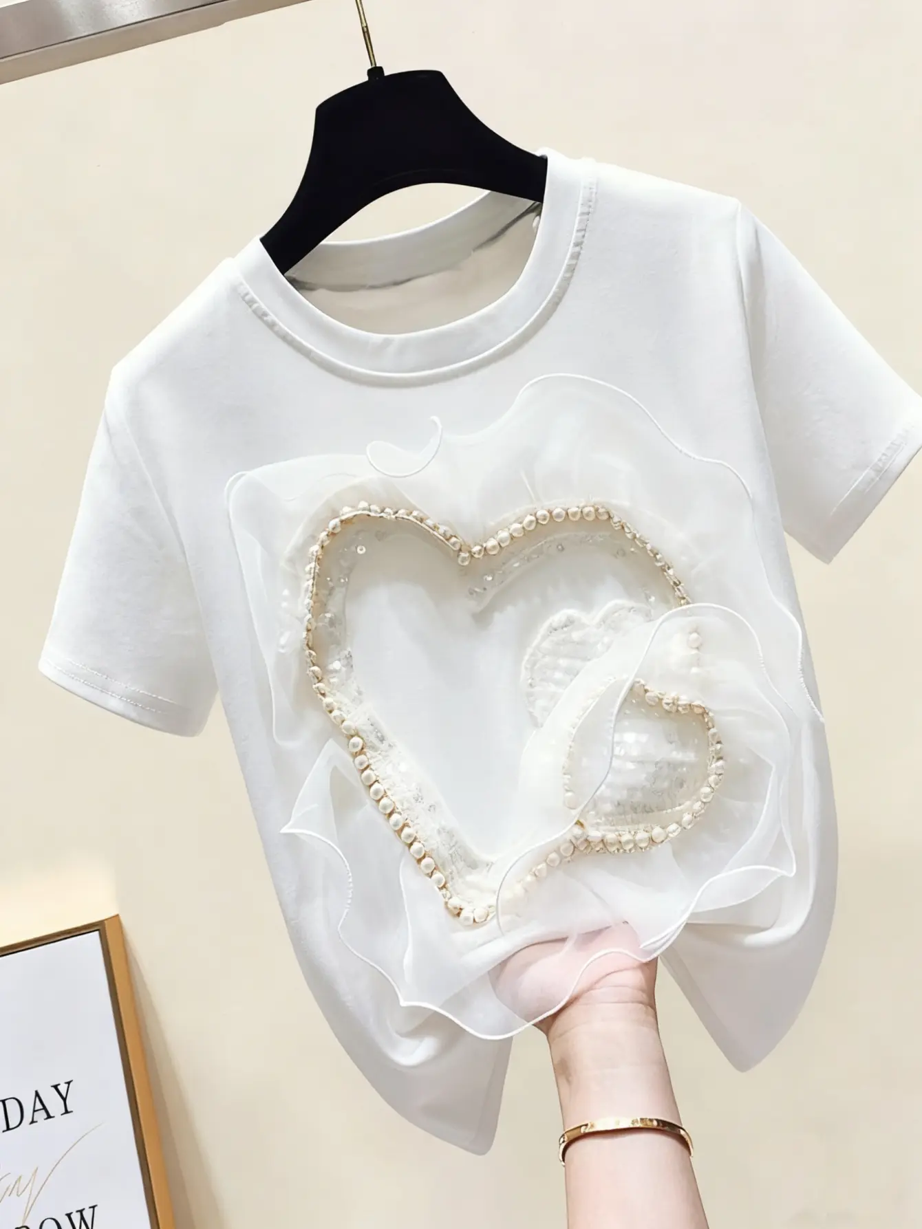 Women’s White 3D Beaded Heart Appliqué T-Shirt gallery view